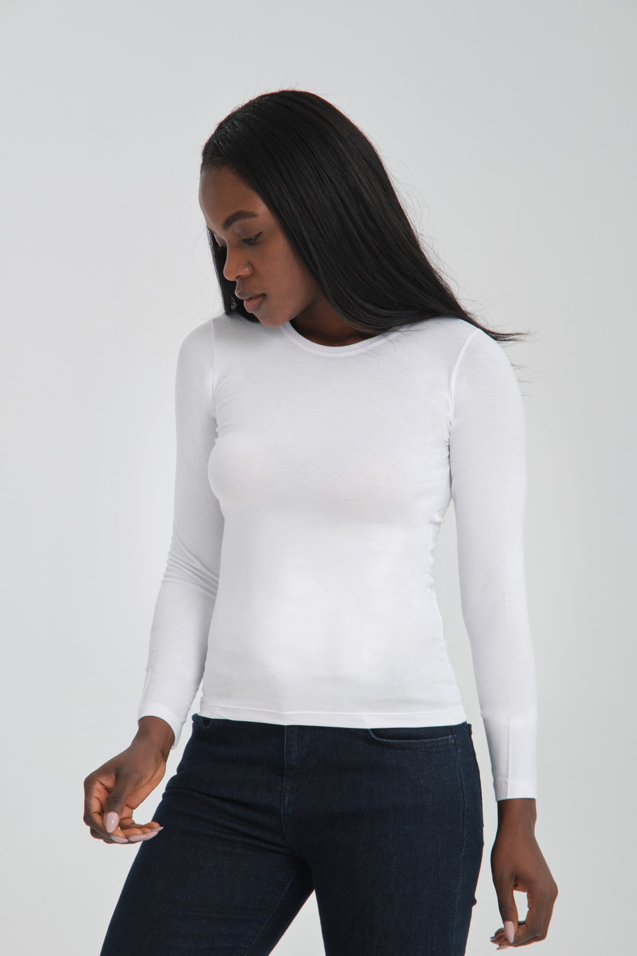 Long Sleeve Round Neck White T-Shirt