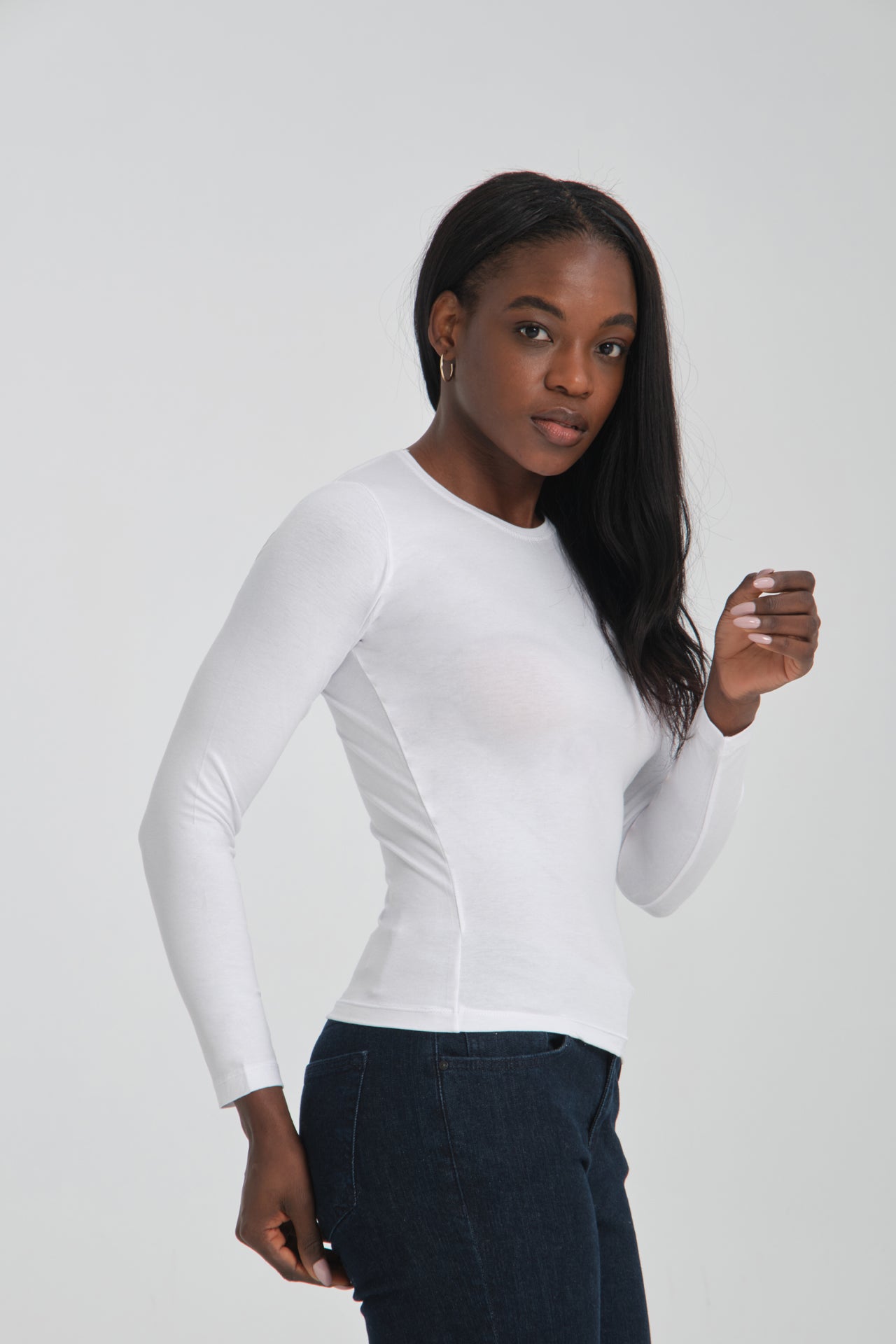 Long Sleeve Round Neck White T-Shirt